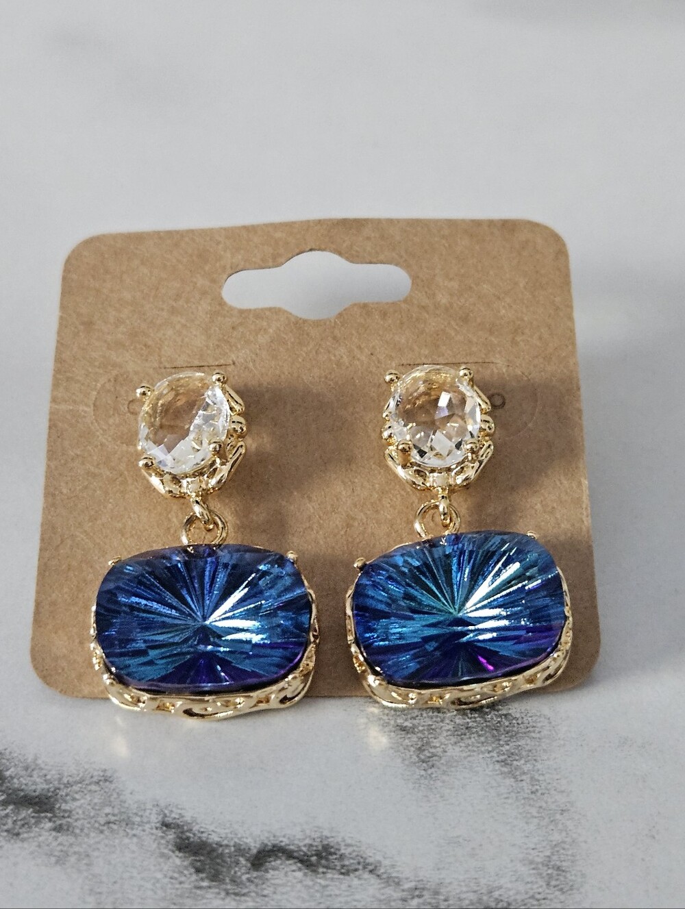 Gold Tone Blue/Purple & Clear Stone Dangle Earrings (New In Package)